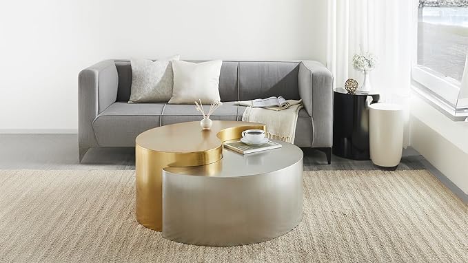 Modern Contemporary Luxury Ying-Yang 36" Coffee Table Set, Sculptural Design with Aluminum Frame for Living Room, Entryway, Home & Office, Gold & Silver Dual Tone Coffee Table