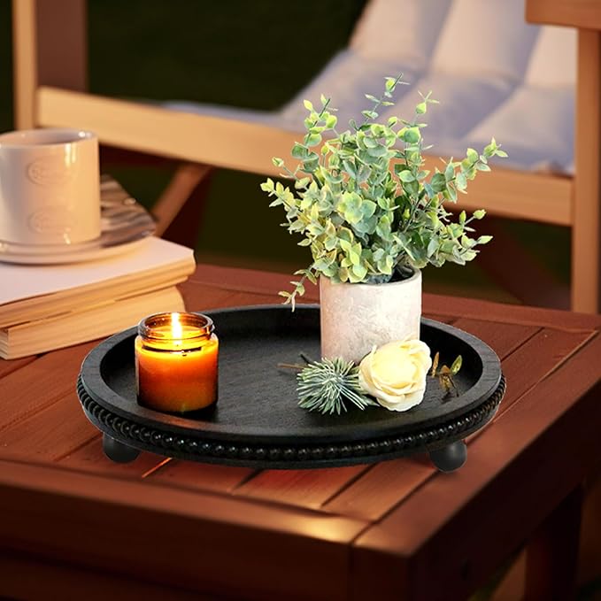 Wooden Beaded Decor Tray for Coffee Table, Rustic Wooden Trays Table Centerpieces, Decorative Trays for Home Decor Kitchen Table Farmhouse Serving Tray (Round Black)