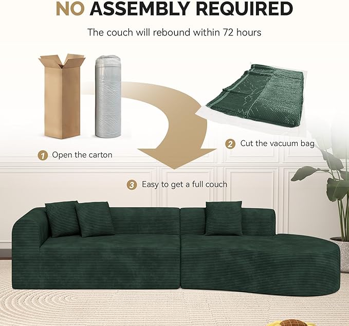 128" Oversized Modern Curved Sofa,Boneless Cloud Sectional Couch with Deep Seat,No Assembly Required Corduroy Couches for Living Room,Green,1 PCS