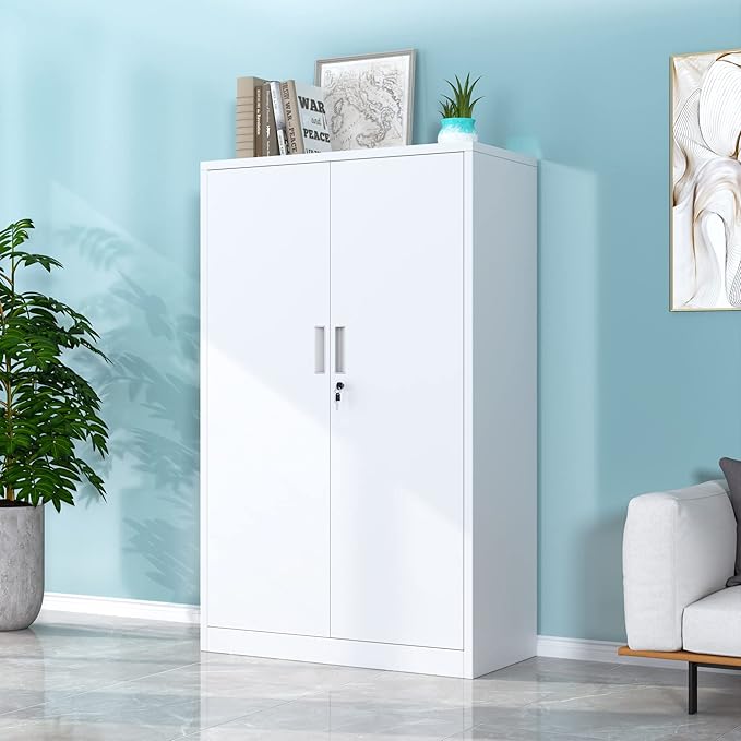 Metal Storage Cabinet with Locking Doors and 3 Adjustable Shelves, 53.5-Inch Lockable Storage Cabinets for Home Office Garage Kitchen Pantry (White)