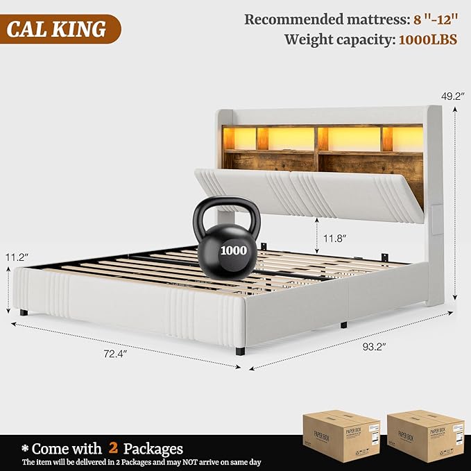 IKIFLY 49.2” Tall California King Bed Frames with 4 Storage Drawers, Upholstered Wingback Hidden Storage Headboard with LED Lights & Charging Station, No Box Spring Needed, Noise Free, White