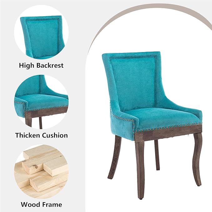 Farmhouse Dining Chairs Set of 6, Upholstered Fabric Dining Room Accent Chairs with Wood Legs & Bronze Nailhead, High Wingback Kitchen Chairs for Living Room Hotel Apartment, Blue