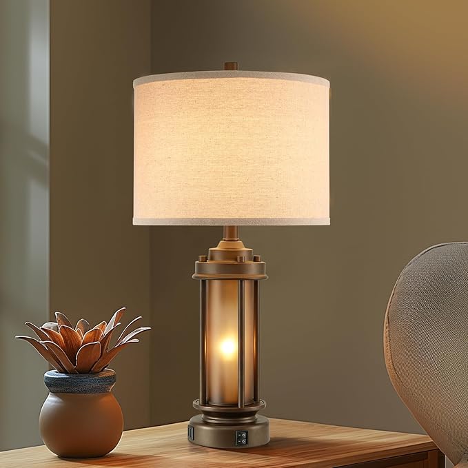 Set of 2 Farmhouse Table Lamps for Living Room, Rustic Vintage Bedside Lamps with 2 USB Ports, Bedroom Nightstand Lamp with Amber Glass Nightlight for End Table Entryway, 4 Bulbs Includes