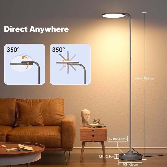 36W LED Floor Lamp, Super Bright Standing Lamp, Modern Stepless Dimmable Torchiere Lamp with Remote Control, 350°Rotating Head Reading Floor Lamp for Living Room, Bedroom, Office - Gunmetal
