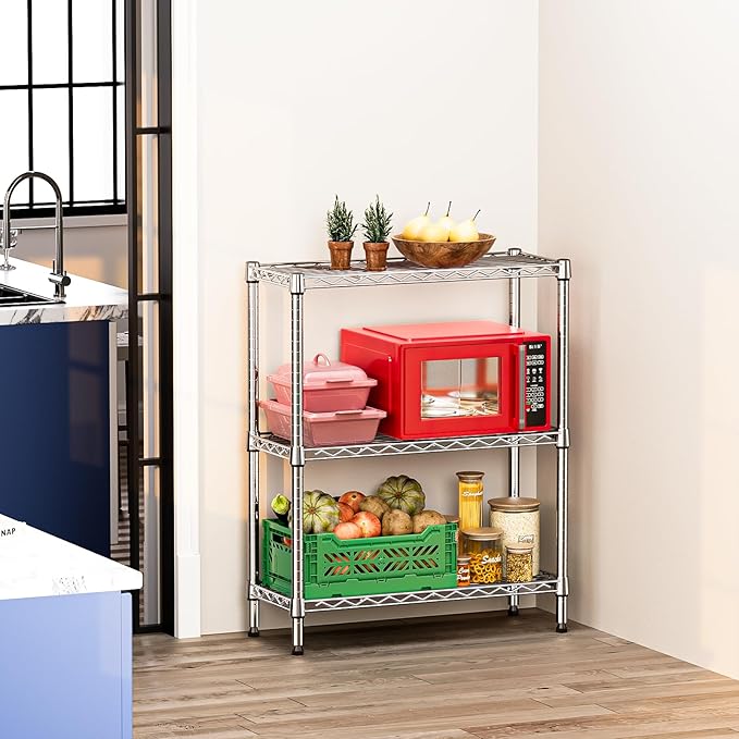 IZEUK 3-Tier Heavy Duty Steel Storage Shelves, Metal Shelf Wire Shelving Rack for Pantry, Kitchen, Home or Office Organization (29.5" W x 13.8" D x 35.5" H, 750LBS, Chrome)