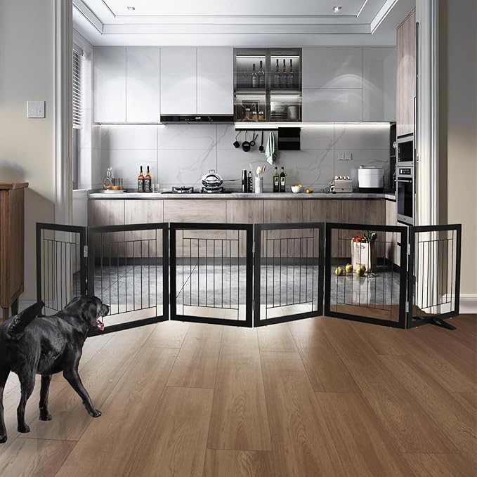 ZJSF Freestanding Dog Gate Indoor, Foldable Dog Fence for Doorways,Hallways or Stairs, Sturdy Wood Extra Wide Pet Gate with Support Feet,Black,24 "Height-6 Panels