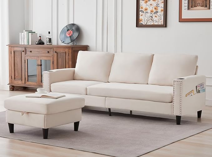 Sectional Couches for Living Room, L Shaped Couch with Storage Ottoman, Small Sofa Comfy Couch with 2 Cup Holders, Modern 3 Seater Convertible Sofas for Apartment, Office, Beige