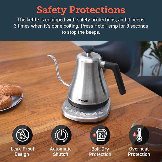 COSORI Gooseneck Electric Kettle with 5 Variable Presets, Pour Over & Coffee maker, 100% Stainless Steel Inner Lid & Bottom, 1200 Watt Quick Heating, 0.8L, Silver