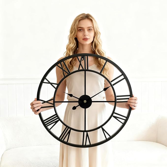 Vantic 24 Inch Large Wall Clock, Roman Numeral Metal Oversized Wall Clocks for Living Room Decor, Bedroom and Kitchen, Completely Silent, Non Ticking, Battery Operated