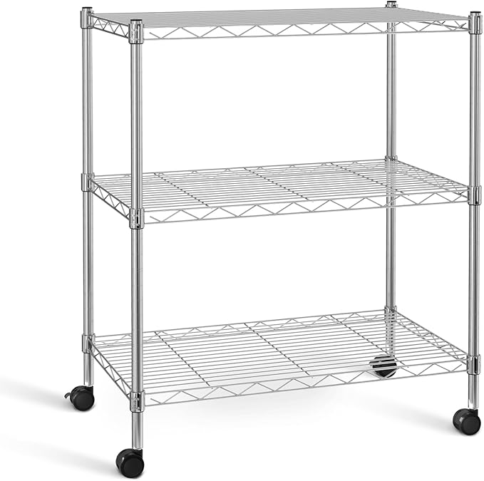 HealSmart 3-Tier Heavy Duty Storage Shelves 750Lb Capacity, 24.02" D x 13.78" W x 29.92" H Adjustable Shelving Unit with Wheels, Chrome