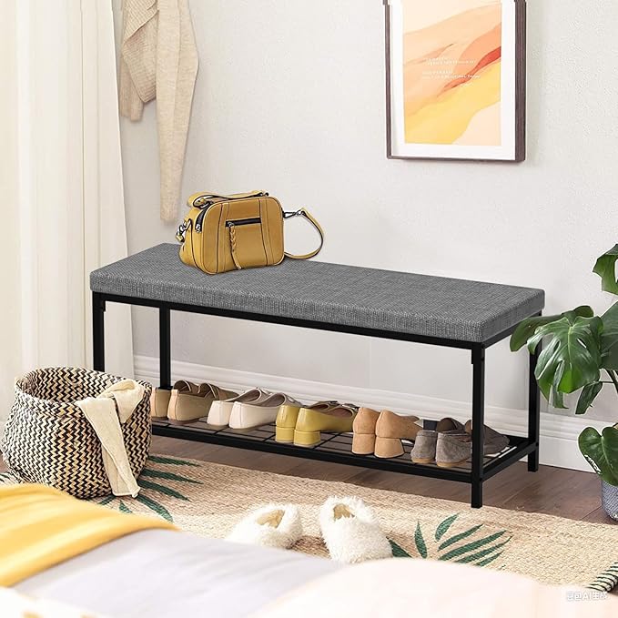 Shoe Bench, 43.3" Entryway Bench with Cushion Seat, Shoe Rack Bench with Storage, Modern Style, Holds Up to 350 lb, for Living Room, Bedroom, Hallway, Grey