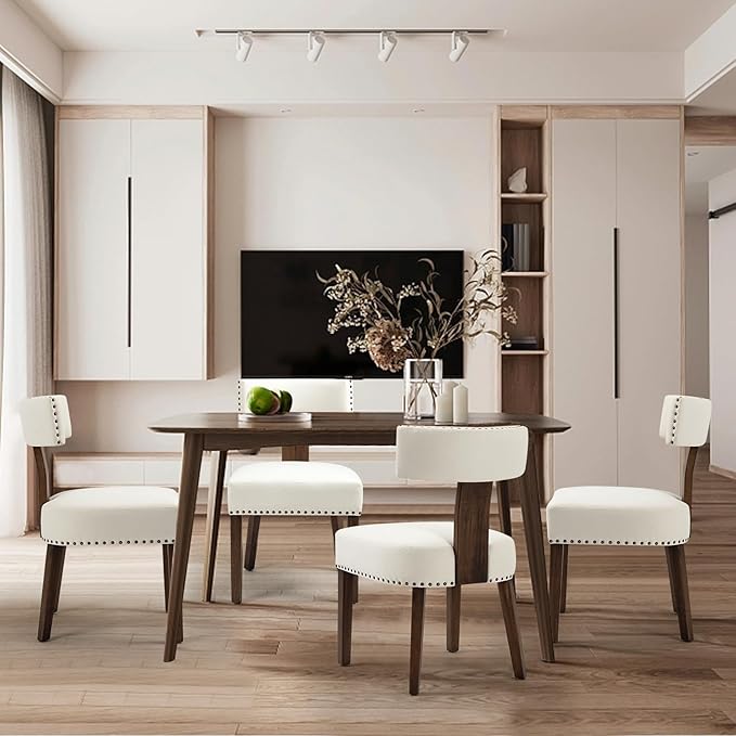 Upholstered Wooden Farmhouse Dining Chairs Set of 4, Mid-Century Modern Fabric Dining Room Chairs with Wood Legs, Curved Backrest Kitchen Armless Accent Chairs for Living Room, Beige