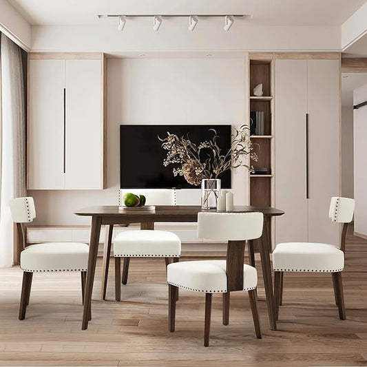 Upholstered Wooden Farmhouse Dining Chairs Set of 4, Mid-Century Modern Fabric Dining Room Chairs with Wood Legs, Curved Backrest Kitchen Armless Accent Chairs for Living Room, Beige