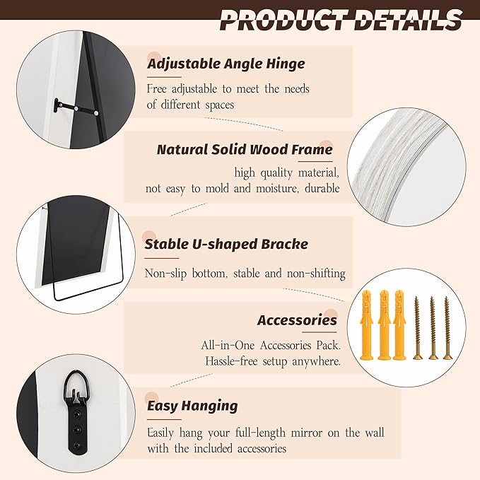 Antok Full Length Mirror 76"×41" Floor Mirror Standing Tall Mirror, Arched Stand up Large Wall Mirrors, Freestanding Full Body Mirrors for Bedroom Living Room Wood Vintage Style White