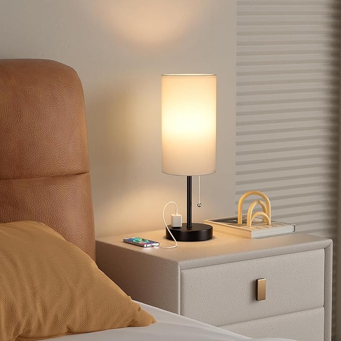 17.4Inches White Bedside Lamp for Bedroom Nightstand - Tall Lamp with USB A + C Charging Port & AC Outlet, 3 Color Temperatures Pull Chain, Side Desk Reading Light for Living Room