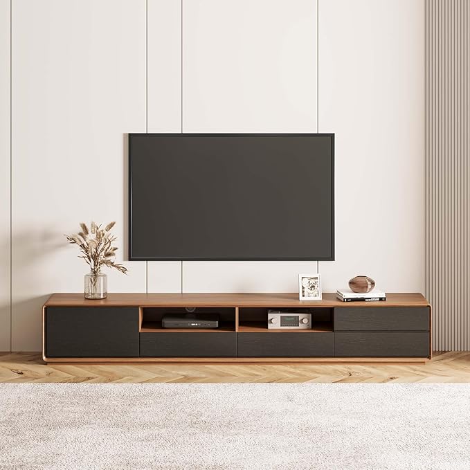 Modern 94" Solid Wood TV Stand, Lowline Media Console with 4 Drawers, Open Storage Cabinet, Walnut Veneer, Fully-Assembled (TV Stand Only)