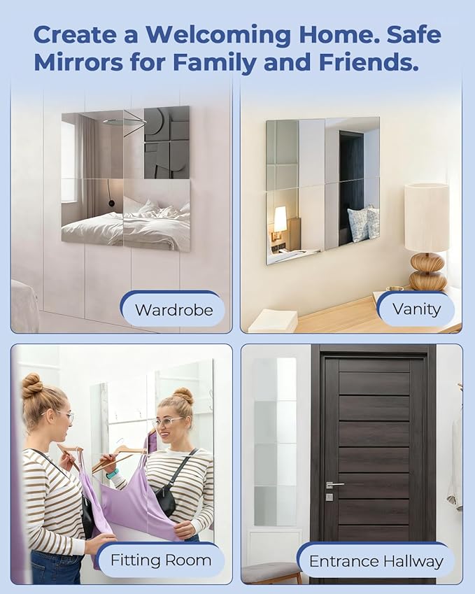 4 Pack Peel and Stick Mirror Tiles, 16x16 Inch Shatterproof Flexible Stick on Mirrors for Wall, Full Length Body Mirror for Home Gym, Bedroom, Door and Bathroom Decor