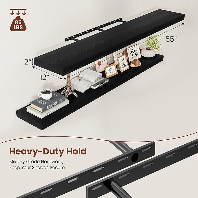 Vivelove 2" Thick Floating Shelves for Wall 55 Inches Long, 12" Deep Wall Shelves, for Bedroom, Bathroom, Living Room, Kitchen, Office, Modern Home Decor, 55" X 12" X 2", Set of 2, Black