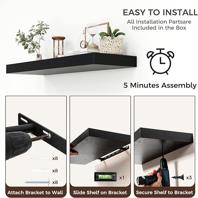 Floating Shelves for Wall, 40" W x 12" D x 2" H, 1 Pack of Long Wall Mounted Engineered Wood Shelves with Invisible Brackets for Living Room, Bedroom, Bathroom, Kitchen Decor, Black