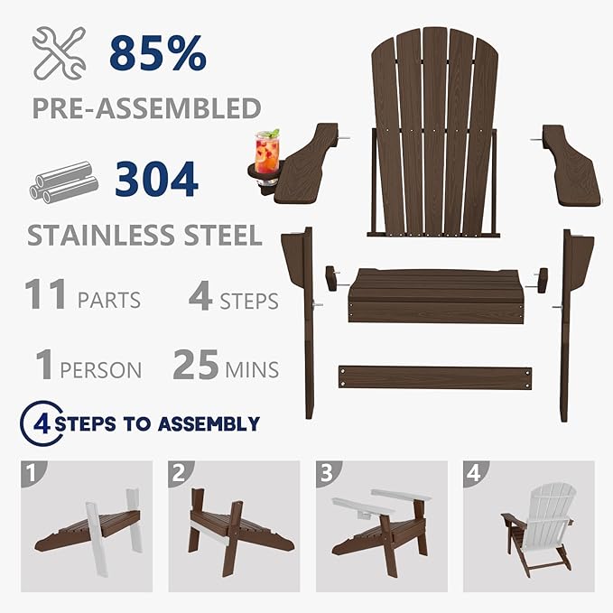 Plawdlik Folding Adirondack Chair Set of 2, Cup Holder，Wooden Textured ，Heavy All-Weather HDPE Comfortable Set Poolside Backyard Lawn Coffee
