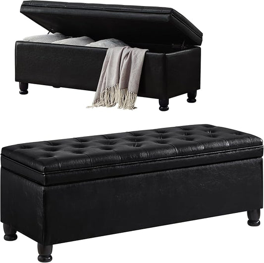 mikibama PU Leather Storage Bench for Bedroom End of Bed,45" Long Tufted Bed Bench with Storage,Modern Mid Century Storage Ottoman Bench for Window,Entryway,Living Room Solid Wood Legs (Black PU 45")