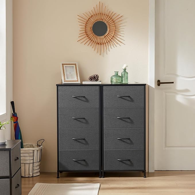 DUMOS Nightstand with 4 Drawers Bedside Table with Removable Fabric Bins Sturdy Steel Frame Wood Top Organizer Furniture for Bedroom Closet Living Room