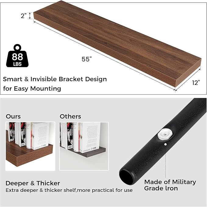 Floating Shelves for Wall, 55 Inch Wide x 12 Inch Deep Floating Shelves, Long Wood Floating Wall Shelf Shelves for Living Room Bathroom Bedroom Kitchen Home - (Walnut, 55" W x 12" D x 2" H)