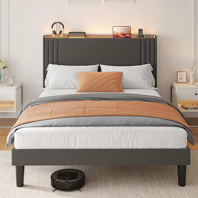 Gizoon Queen Bed Frame with Charging Station and LED Lights,Upholstered Wingback Platform Bed with Wooden Slats,Noise-Free,No Box Spring Needed