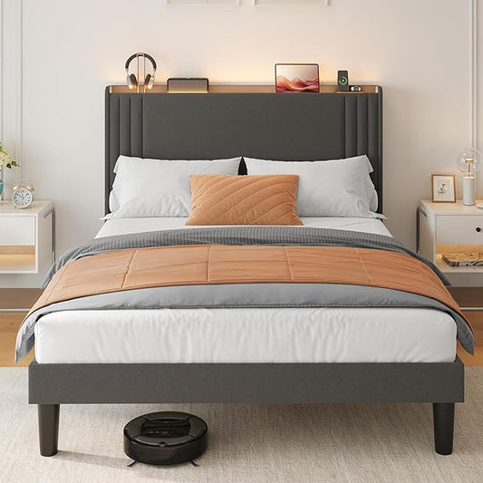 Gizoon Queen Bed Frame with Charging Station and LED Lights,Upholstered Wingback Platform Bed with Wooden Slats,Noise-Free,No Box Spring Needed