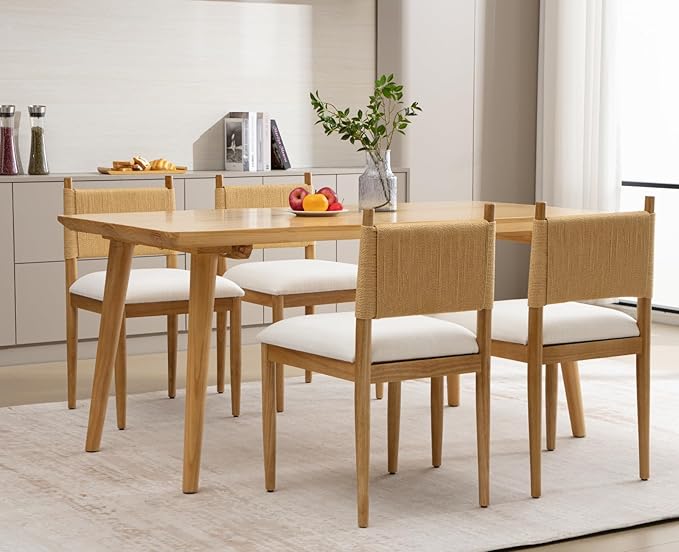 CIMOTA Modern Dining Chairs Set of 2, Mid Century Upholstered Dining Room Chairs with Woven Back, Armless Kitchen Chairs with Natural Solid Wood Legs, Linen Beige