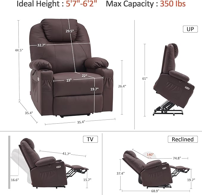 MCombo Large Power Lift Recliner Chair with Massage and Heat for Tall Elderly People, 3 Positions, Cup Holders, and USB Ports, Faux Leather 7516 (Large, Light Brown)