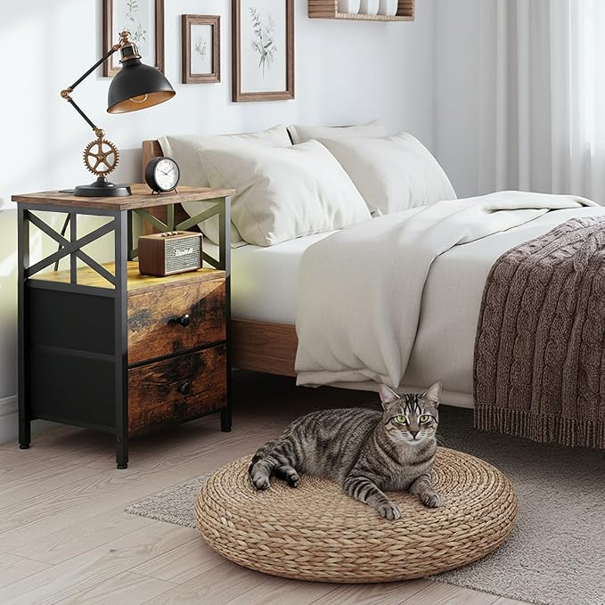 AMHANCIBLE Night Stand Set 2, LED Nightstand with Charging Station, End Tables Living Room with Fabric Drawers, Bedside Table for Bedroom, Rustic Brown, HET052LBR