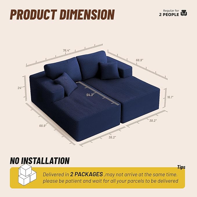Chaise Lounge Chair, Boneless Couch for Living Room and Bedroom, Sleeper Couches Reading Chairs, Corduroy, Blue