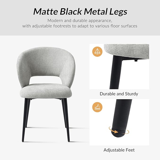 Contemporary Dining Chairs with Armrests – Ergonomic Soft-Padded Seat, Curved Backrest, Matte Black Metal Legs, Comfortable Kitchen & Dining Room Chairs, Set of 6
