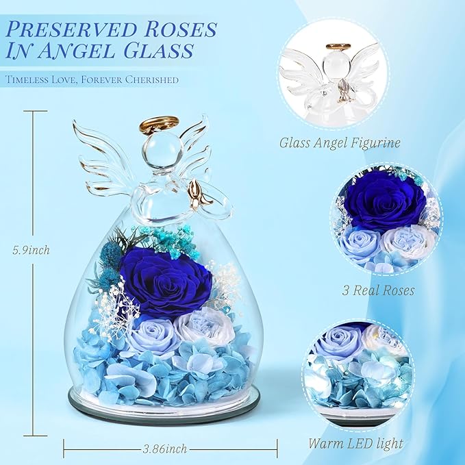 Flowers for Delivery, Christmas Decor Birthday Gifts for Mom Grandma Women, Preserved Rose Forever Flower in Glass Angel Figurines Real Fresh Bouquet for Wife Sister Her from Daughter