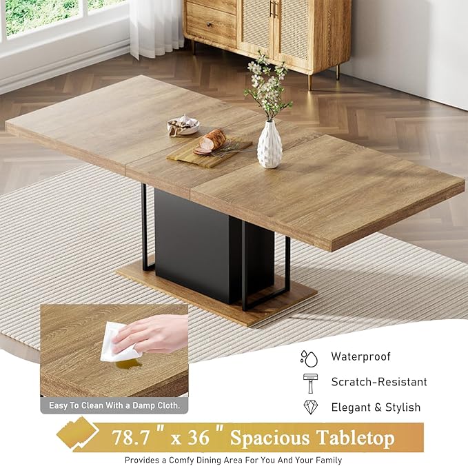 Goujxcy 78.7" Farmhouse Extendable Dining Room Table Set for 4, 5-Piece Rectangle Kitchen Dining Room Table Set with Wood Base and 4 Blue Velvet Dining Chairs, Extending Kitchen & Dining Table Set