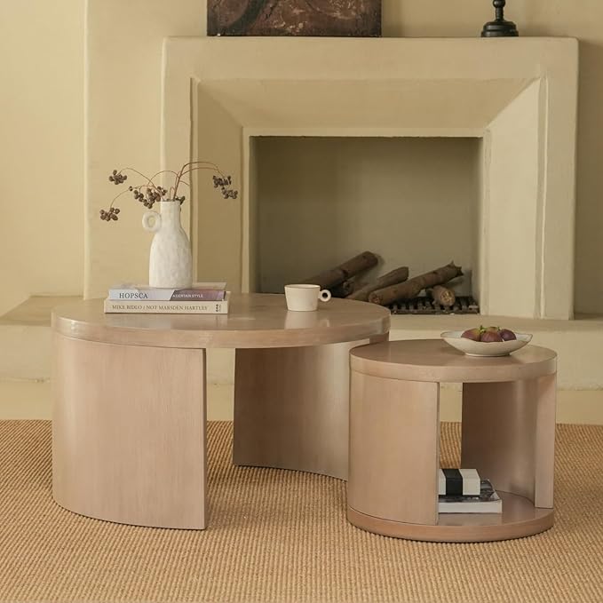 Round Nesting Coffee Table Set of 2, 31.5" Large and 18" Small Low Tables, Modern Wood Grain Tables for Living Room, Gray