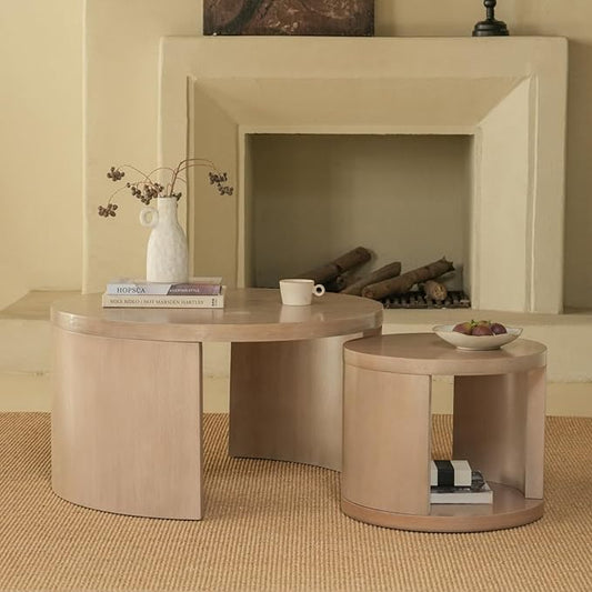 Round Nesting Coffee Table Set of 2, 31.5" Large and 18" Small Low Tables, Modern Wood Grain Tables for Living Room, Gray