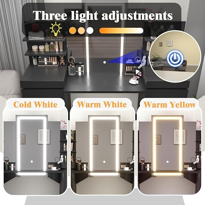 57.1" W Vanity Makeup Table with Lighted Mirror Table with Tri-Folding Mirror, 8 Drawers, 3 Light Modes, Open Storage Shelves, Vanity Table as Gifts for Girls/Women Vanity Must Haves