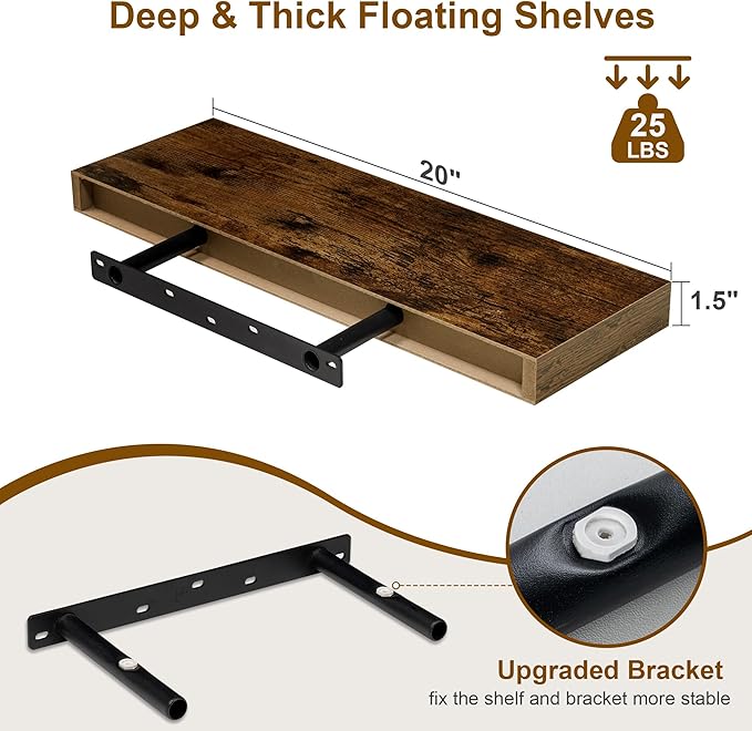 Fun Memories Floating Shelves for Wall, 20Inch Floating Shelves Set of 2, Hanging Shelf with Invisible Brackets, Wood Shelves for Living Room, Bedroom, Kitchen, Brown
