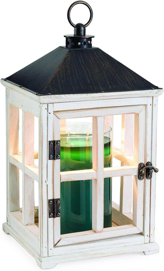 Candle Warmers Etc. White Wooden Farmhouse Candle Warmer Lantern – for Top-Down Warming & Flame-Free Fragrance