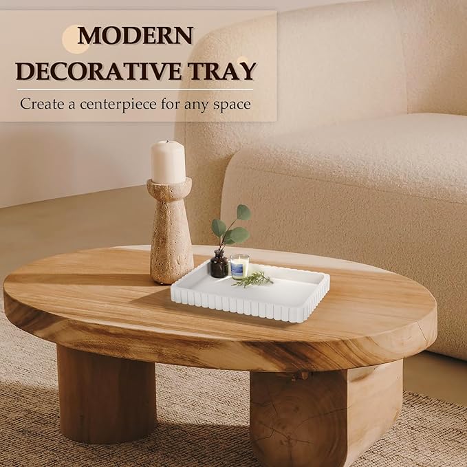 Concrete Decorative Tray for Coffee Table Decor, 14" Coffee Table Tray Ottoman Tray Table Centerpieces, Rectangular Modern Decorative Trays for Home Decor, Living Room, Entry, White