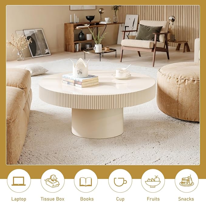 Round Drum Coffee Table 30.71" Handcrafted Fluted Drum Coffee Table Mid Century Accent Tables Modern Luxury Circle Center Table Vintage Farmhouse Center Table for Living Room (White Thin)