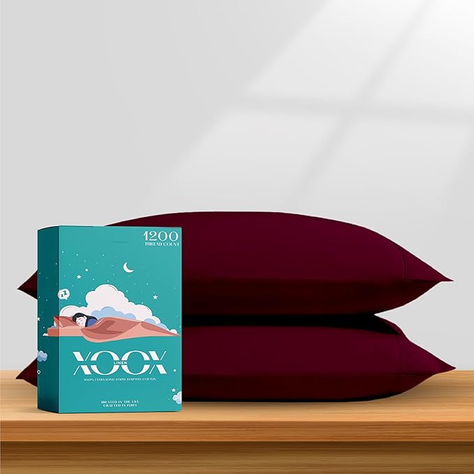 XOOX Linen 100% Egyptian Cotton Pillow Cases Standard/Queen Size Set of 2 - Luxury 1200 Thread Count Sateen Burgundy Pillow Cases, Silky Soft Cooling Pillowcases Fits Standard & Queen Size Pillows