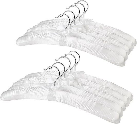 Pure White Satin Padded Sweater Hangers 10 Pack, Blouse Hanger with Thick & Soft Foam for Bridal Wedding Dress Lingerie, Smooth Silk Covered Shirt Hanger Without Shoulder Bump