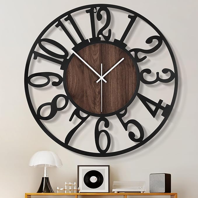 1st owned 40" Large Display Wall Clock for Home Decor - Silent,Battery Operated,Black Metal, Modern, Rustic Wood Clocks for Living Room,Farmhouse,Dining Room,Bedroom,Shop Wall Decor- Arabic Numerals