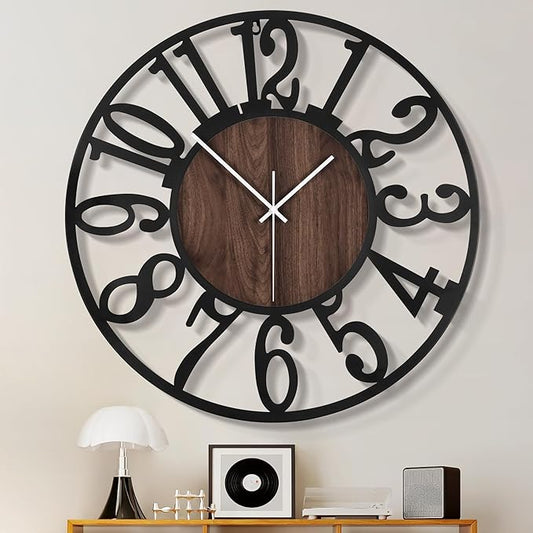 1st owned 40" Large Display Wall Clock for Home Decor - Silent,Battery Operated,Black Metal, Modern, Rustic Wood Clocks for Living Room,Farmhouse,Dining Room,Bedroom,Shop Wall Decor- Arabic Numerals