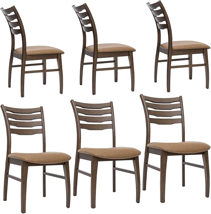 DUOMAY Farmhouse Dining Chairs Set of 6, PU Brown Upholstered Side Chairs Solid Wood Ladder Back Kitchen Chairs for Home Dining Room, Walnut Frame