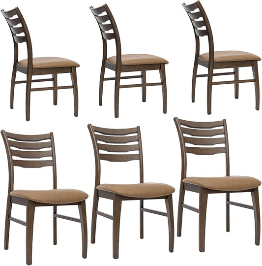 DUOMAY Farmhouse Dining Chairs Set of 6, PU Brown Upholstered Side Chairs Solid Wood Ladder Back Kitchen Chairs for Home Dining Room, Walnut Frame