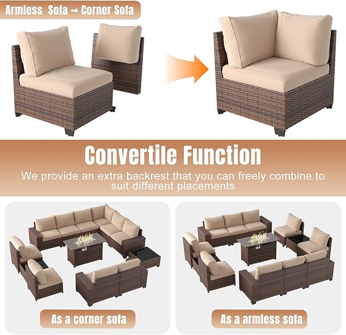 Aoxun 13 Pieces Patio Furniture Set with 44” Fire Pit Table Wicker Rattan Outdoor Sectional Conversation Set with Coffee Table and 4” Thickened Cushions, Beige (Waterproof Cover Included)
